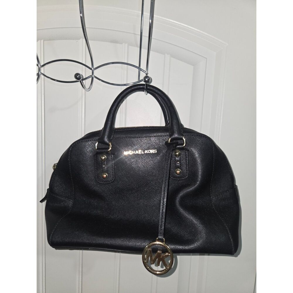Michael Kors Black Saffiano Leather Satchel Handbag Gold Tone MK Charm Zip Top
